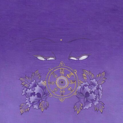 Serene Buddha wisdom eyes looking softly at a golden Dharma wheel (Dharmachakra) surrounded by purple peonies on a textured violet gradient background.