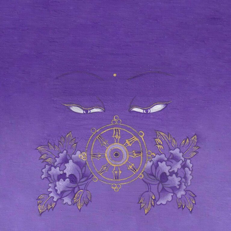 Serene Buddha wisdom eyes looking softly at a golden Dharma wheel (Dharmachakra) surrounded by purple peonies on a textured violet gradient background.