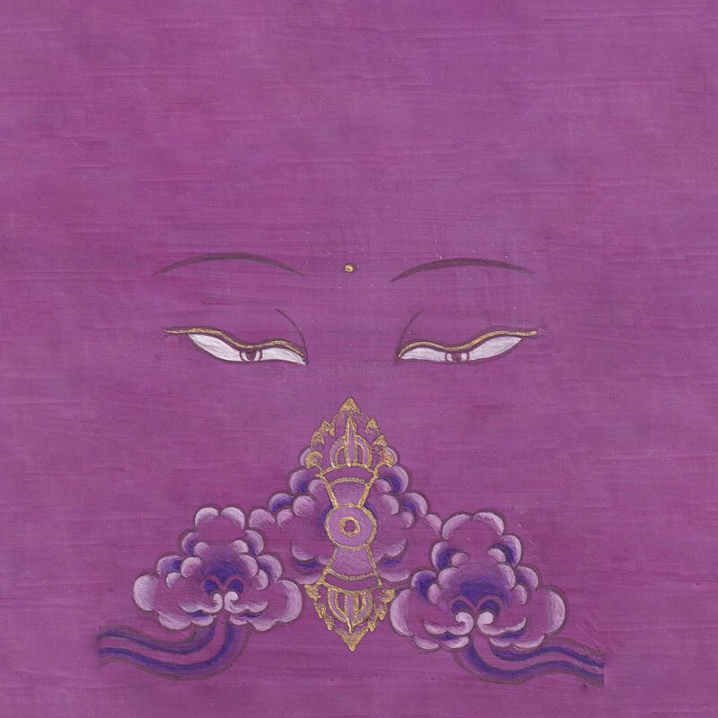 Peaceful Buddha eyes hovering over a golden vajra ritual symbol nestled in soft purple clouds on a textured magenta-purple paper background.