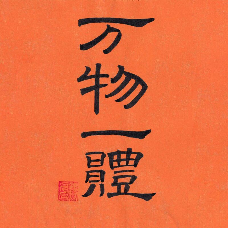 Four Chinese characters Wan Wu Yi Ti written vertically in structured clerical script calligraphy on a warm orange-vermilion textured paper with a red artist seal.