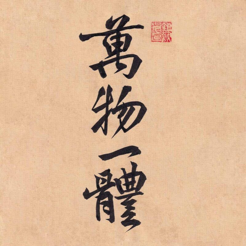 Four Chinese characters Wan Wu Yi Ti written in expressive semi-cursive script calligraphy in black ink on a warm beige textured parchment background with a red seal stamp.