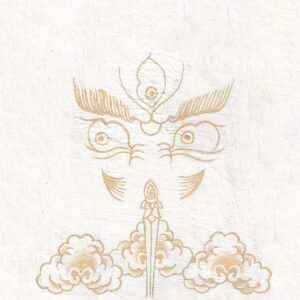 Gold-line illustration of wrathful wisdom eyes of White Dzambala with a flame third eye and stylized golden clouds on a pure white textured canvas background.