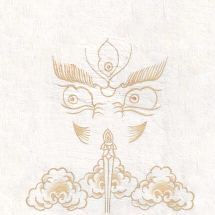 Gold-line illustration of wrathful wisdom eyes of White Dzambala with a flame third eye and stylized golden clouds on a pure white textured canvas background.