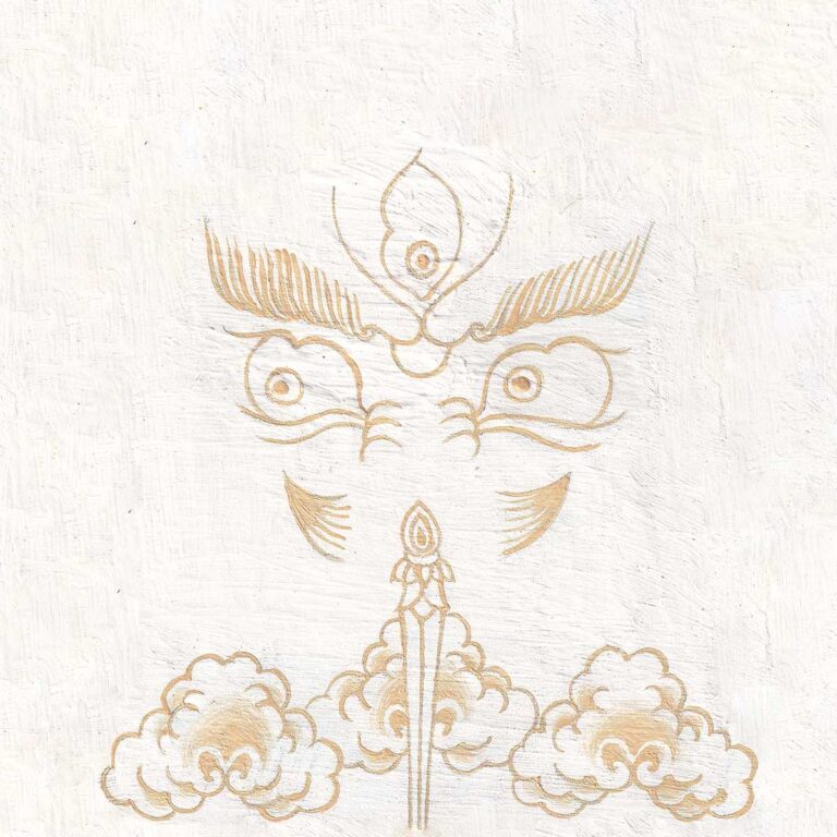 Gold-line illustration of wrathful wisdom eyes of White Dzambala with a flame third eye and stylized golden clouds on a pure white textured canvas background.