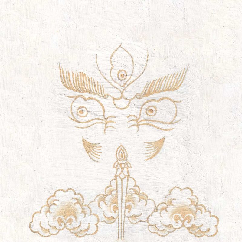Gold-line illustration of wrathful wisdom eyes of White Dzambala with a flame third eye and stylized golden clouds on a pure white textured canvas background.