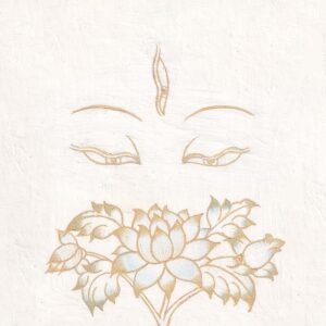 Compassionate gold-outlined wisdom eyes of White Tara with a vertical third eye above a blossoming golden lotus on a soft white textured background.