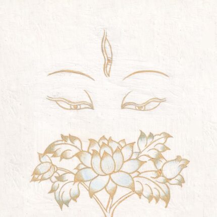 Compassionate gold-outlined wisdom eyes of White Tara with a vertical third eye above a blossoming golden lotus on a soft white textured background.