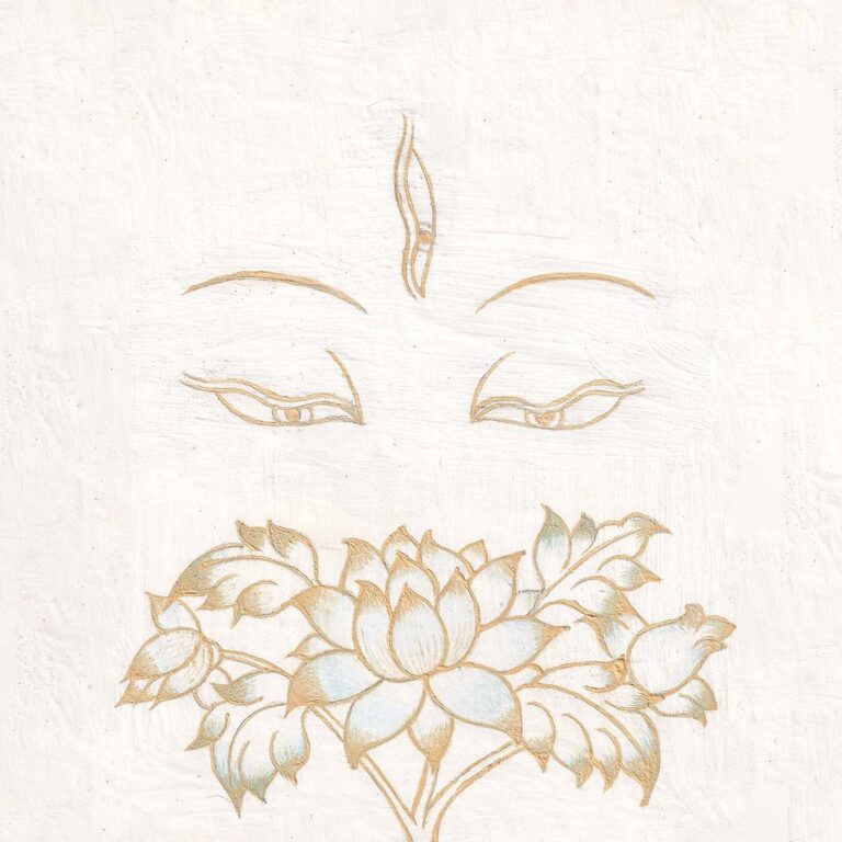 Compassionate gold-outlined wisdom eyes of White Tara with a vertical third eye above a blossoming golden lotus on a soft white textured background.