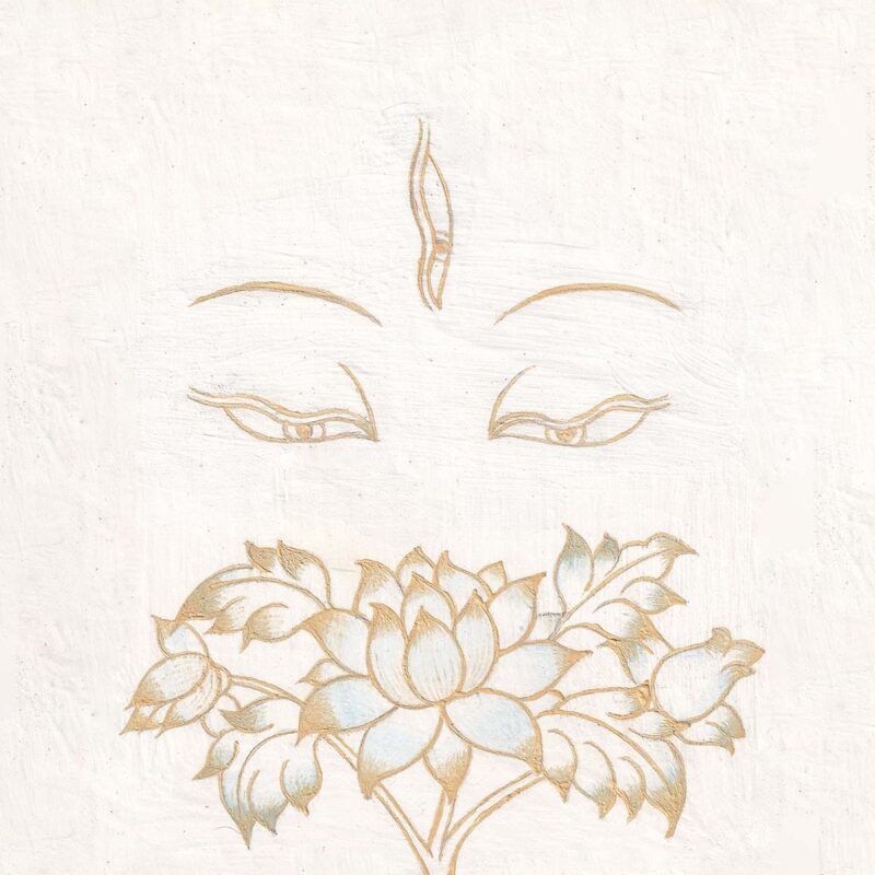 Compassionate gold-outlined wisdom eyes of White Tara with a vertical third eye above a blossoming golden lotus on a soft white textured background.