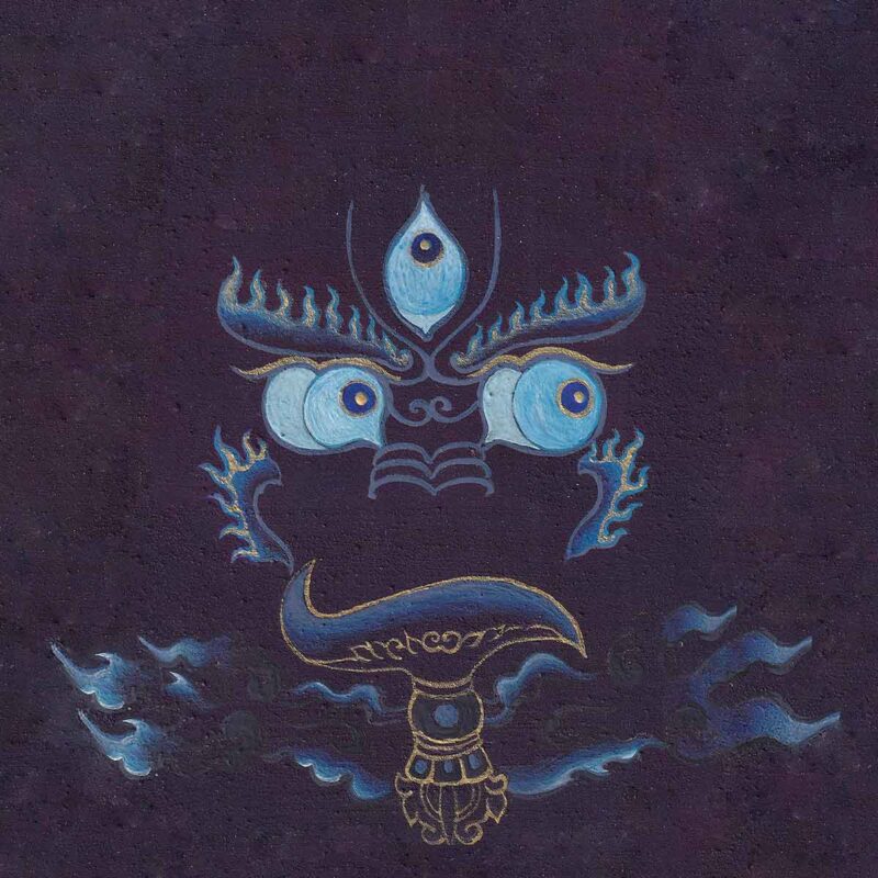 Powerful wrathful wisdom eyes of Yamantaka with gold accents and ritual kartika cleaver above clouds on a dark indigo textured paper background.
