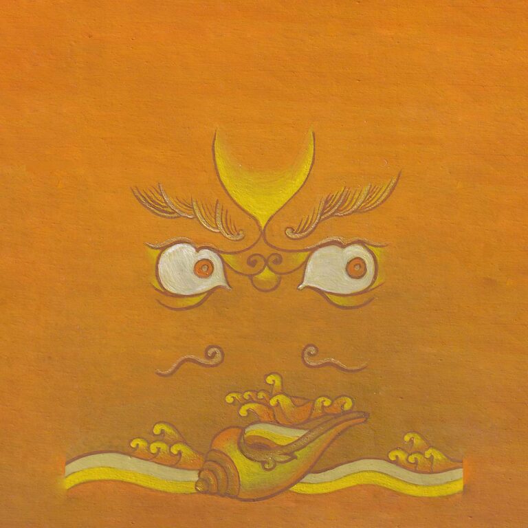 Powerful wisdom eyes of Yellow Dzambala with a golden crescent mark above a sacred conch shell and flowing waves on a warm golden-yellow textured background.