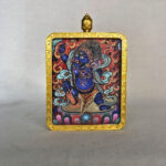 Frontal view of blue Acala Fudo Myoo Gau box necklace for Rooster zodiac guardian.