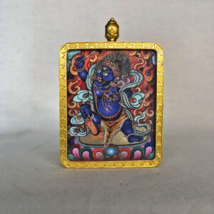 Frontal view of blue Acala Fudo Myoo Gau box necklace for Rooster zodiac guardian.