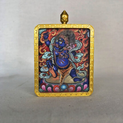 Frontal view of blue Acala Fudo Myoo Gau box necklace for Rooster zodiac guardian.