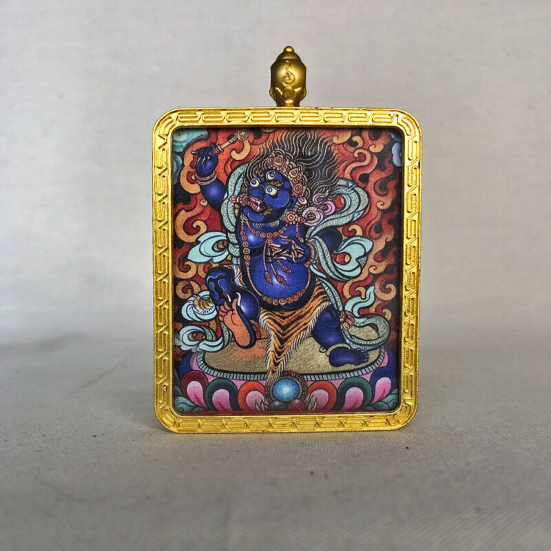Frontal view of blue Acala Fudo Myoo Gau box necklace for Rooster zodiac guardian.