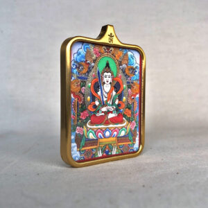 Side-angle view of Akasagarbha Bodhisattva brass Gau box necklace pendant.