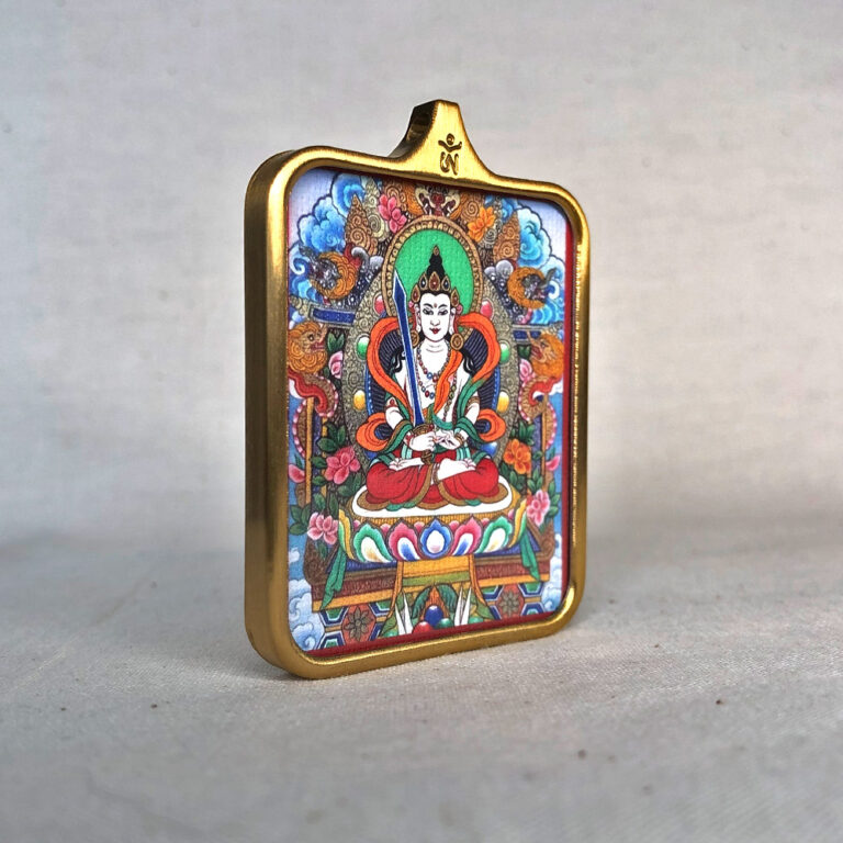Side-angle view of Akasagarbha Bodhisattva brass Gau box necklace pendant.