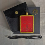 Amitayus Buddha Eyes Gau box necklace presented with cord, pouch, and gift box.