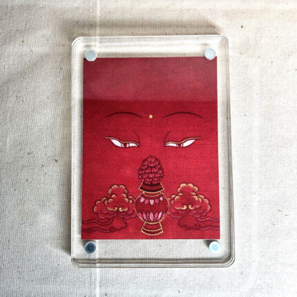 Frontal view of Amitayus Buddha Eyes acrylic block for red color meditation.