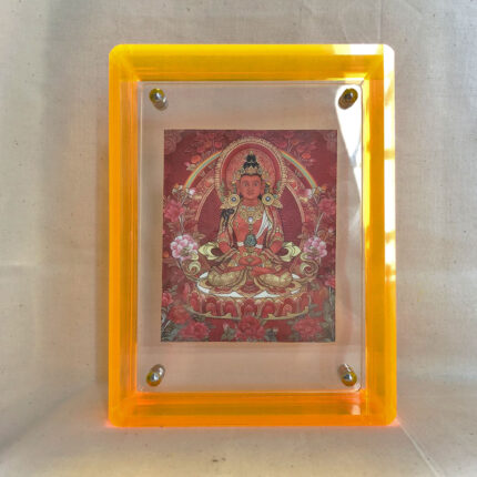 Front view of red Amitayus Thangka print in a yellow floating translucent acrylic frame.