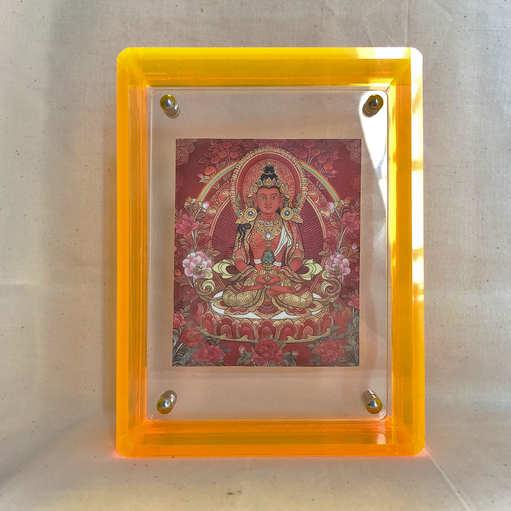 amitayus-buddhist-art-yellow-acrylic-frame-front Front view of red Amitayus Thangka print in a yellow floating translucent acrylic frame.
