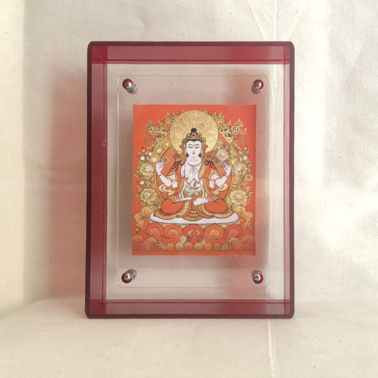 Front view of orange Four-Armed Avalokiteshvara Thangka print in a red floating acrylic frame.