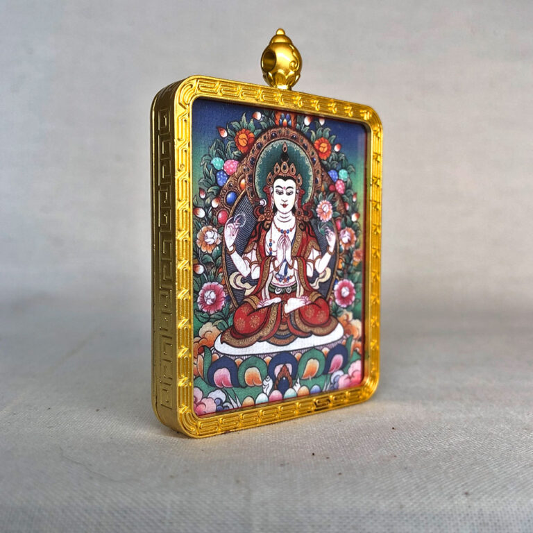 Side-angle view of Four-Armed Avalokiteshvara brass Gau box necklace pendant.