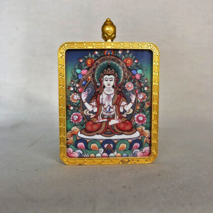 Frontal view of Four-Armed Avalokiteshvara Gau box necklace for Rat zodiac guardian.