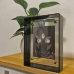 Black Jambhala Buddha Eyes Thangka in a black translucent acrylic frame styled on a desk with a plant.