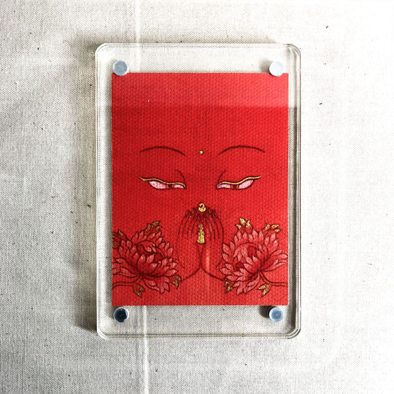 Frontal view of Four-Armed Avalokiteshvara Buddha Eyes acrylic block for orange color meditation.