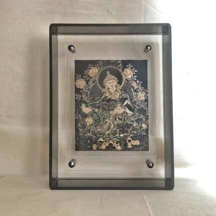 Front view of Guru Rinpoche Thangka print in a black floating translucent acrylic frame.