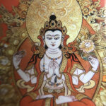 Close-up of HD giclée Four-Armed Avalokiteshvara print showing orange tones and fine gold linework.