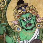 Close-up of HD giclée Green Jambhala Thangka print showing energetic deity features and fine line work.
