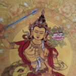 Close-up of HD giclée Manjushri Bodhisattva print showing flaming sword of wisdom and fine linework.