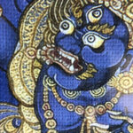 Close-up of HD giclée Vajrapani Thangka print showing blue wrathful deity and fine gold linework.