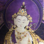 Close-up of HD giclée Vajrasattva Thangka print showing serene expression and fine gold linework.