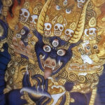 Close-up of HD giclée Yamantaka Thangka print showing wrathful deity features and gold linework.