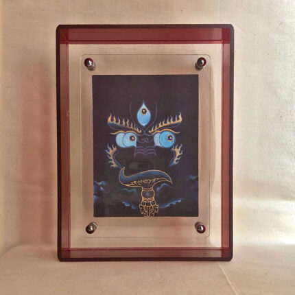 Front view of indigo Yamantaka Buddha Eyes print in a red floating translucent acrylic frame.