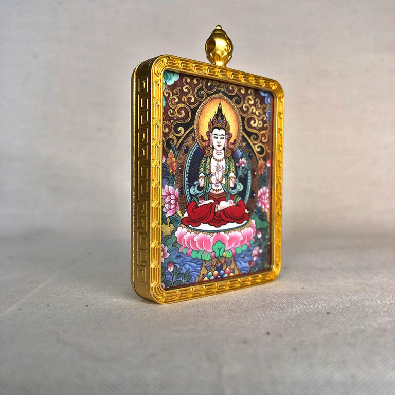 Side-angle view of Mahasthamaprapta Bodhisattva brass Gau box necklace pendant.