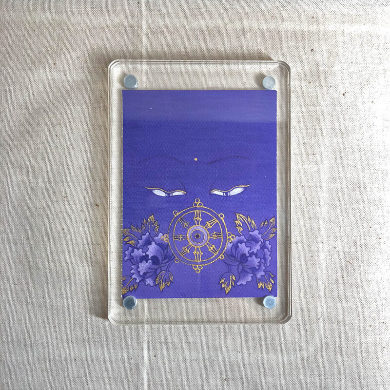 Frontal view of Mahavairocana Buddha Eyes acrylic block for purple color meditation.