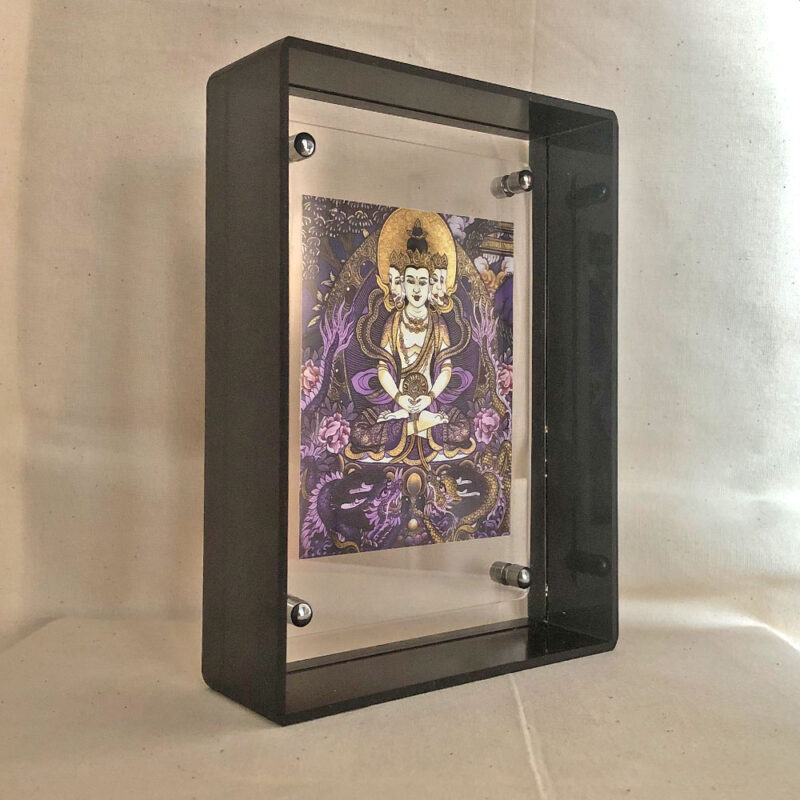 45-degree side view of modern clear acrylic thangka desktop display block.