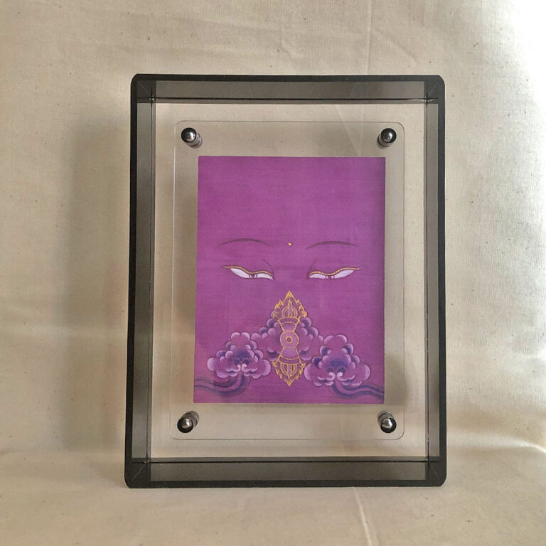 Front view of purple Vajrasattva Buddha Eyes print in a grey floating translucent acrylic frame.