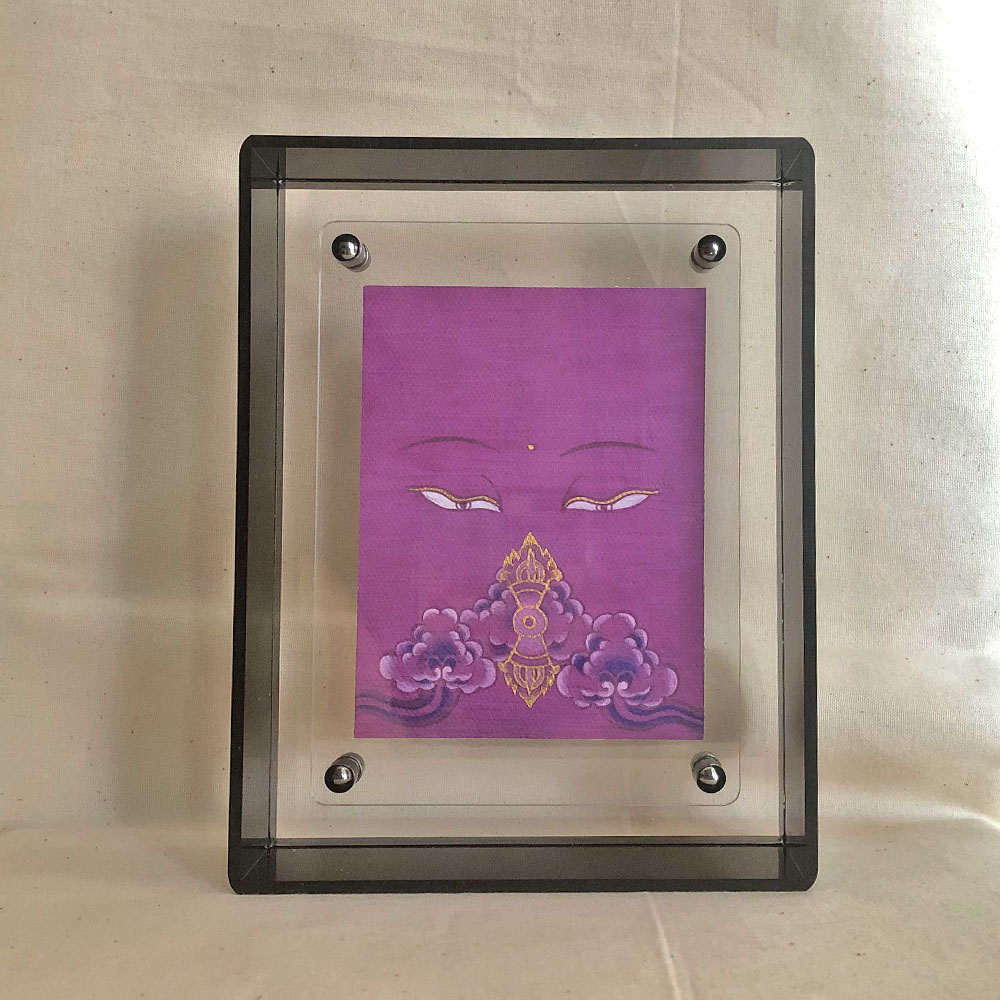purple-vajrasattva-art-grey-acrylic-frame-front Front view of purple Vajrasattva Buddha Eyes print in a grey floating translucent acrylic frame.