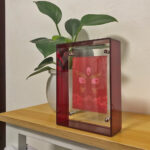 Red Jambhala Buddha Eyes Thangka in a red translucent acrylic frame styled on a wooden desk with a plant.