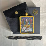 Samantabhadra Gau box necklace displayed with black cord, velvet pouch, and gift box.