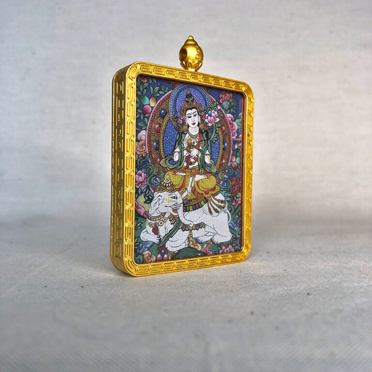 Side-angle view of Samantabhadra Bodhisattva brass Gau box necklace pendant.