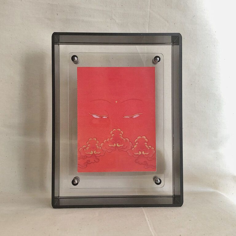 Front view of Shakyamuni Buddha Eyes print in a black floating translucent acrylic frame.