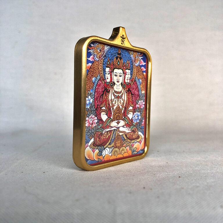 Side-angle view of Vairocana Buddha brass Gau box necklace pendant.