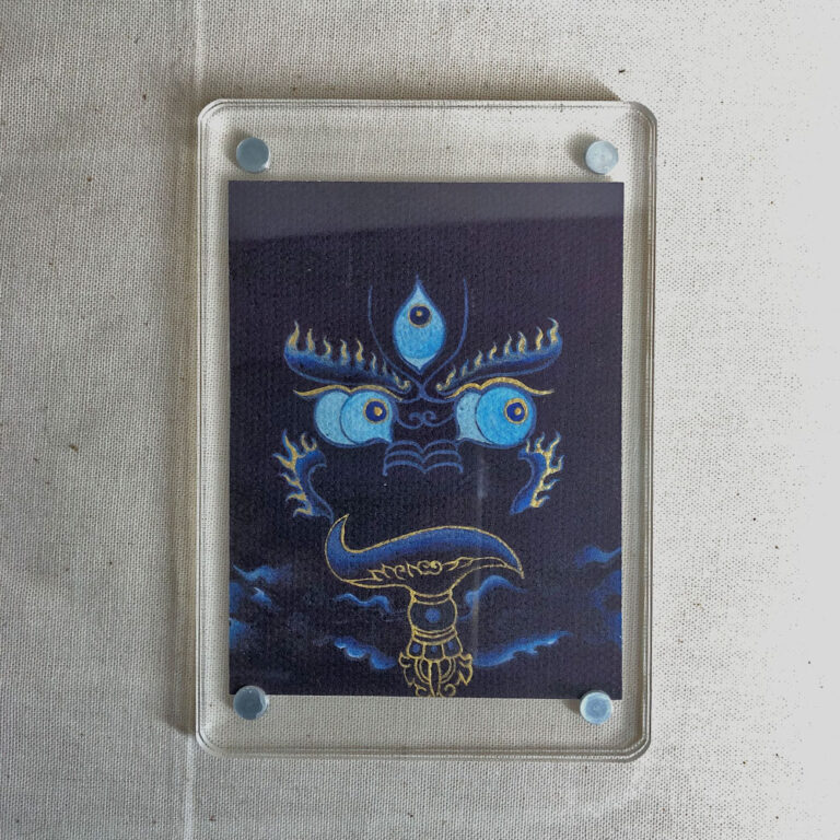 Frontal view of Yamantaka Buddha Eyes acrylic block for indigo color meditation.
