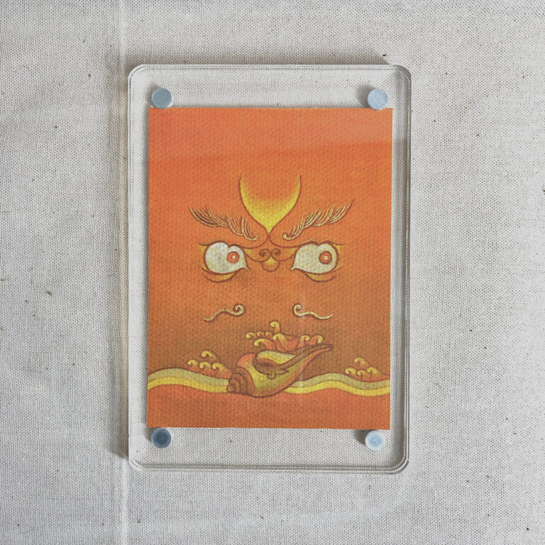 Frontal view of Yellow Jambhala Buddha Eyes acrylic block for yellow color meditation.